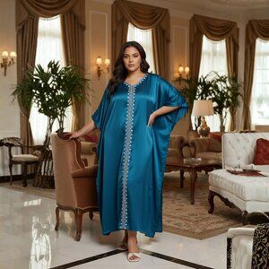 Gypsie Blu Plus Size Corsair Blue Solid with Embroidery Satin Women Kaftan Dress